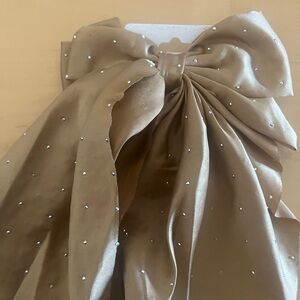Embellished Satin Bow Hair Clip in Camel with Rhinestones